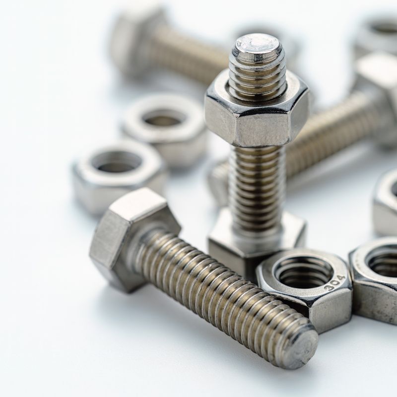 Close-up of several nuts and bolts on a white surface, with two bolts standing upright and others lying scattered around.