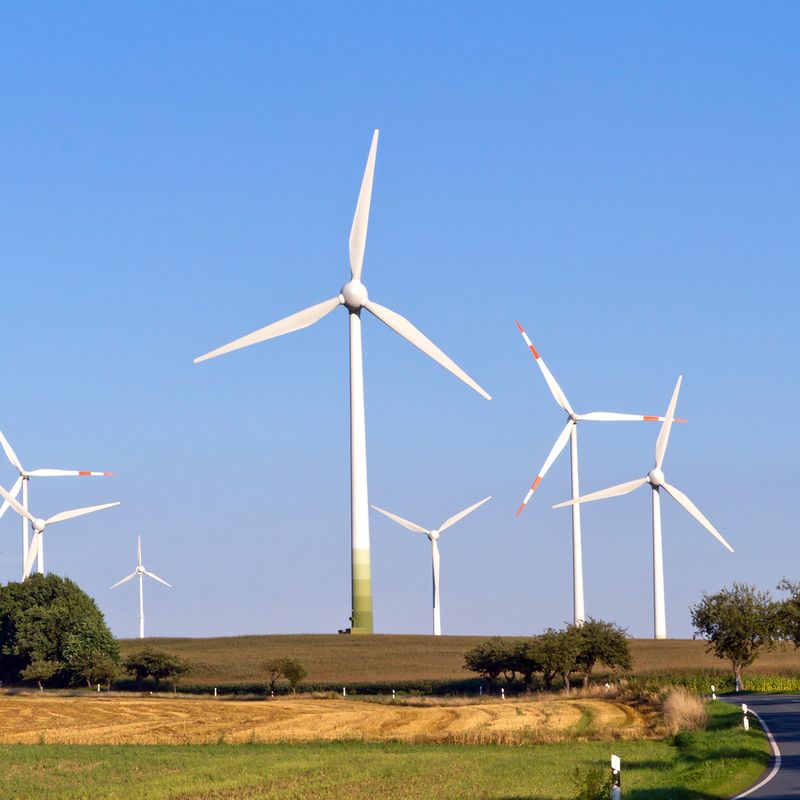 A rural landscape features several large wind turbines on a grassy field under a clear blue sky, with a road curving through the scene.