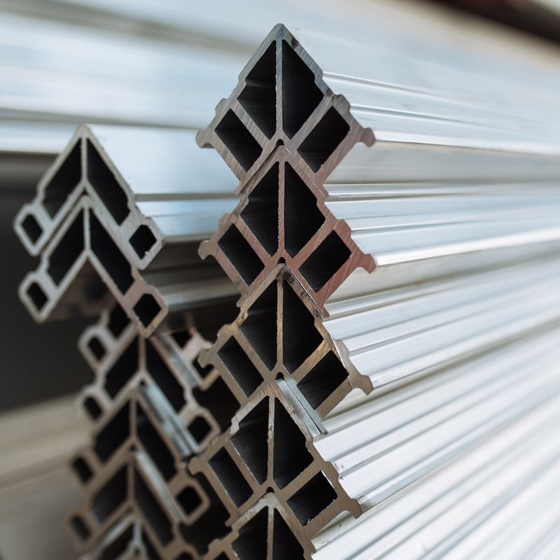 Close-up of stacked aluminum profiles with a geometric, cross-sectional design. The shiny, reflective surfaces emphasize their metallic texture.