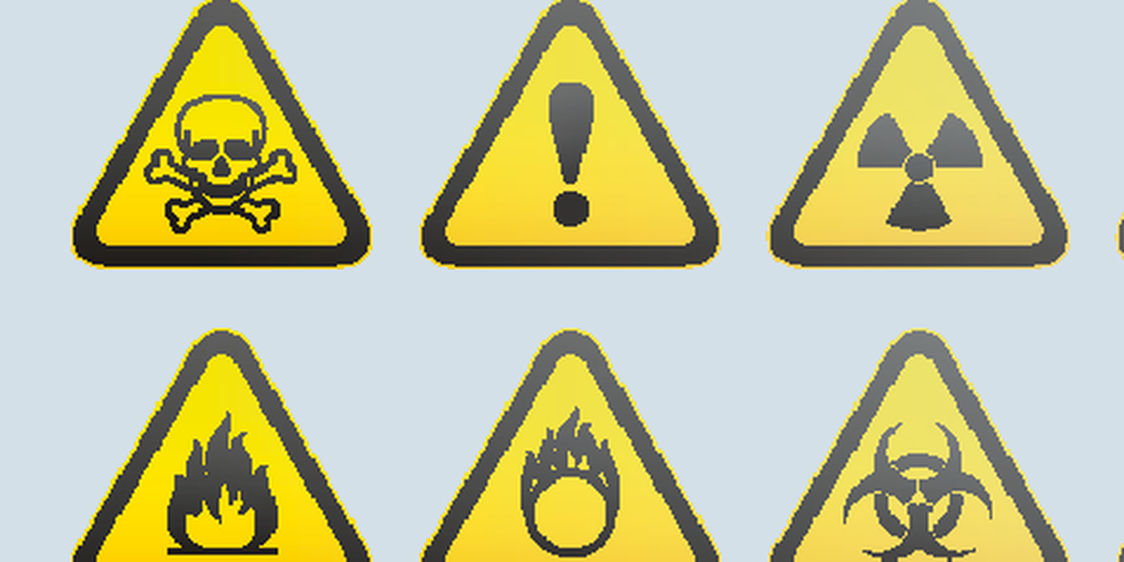Six yellow triangle warning signs: skull, exclamation mark, radiation, fire, flammable symbol, biohazard.